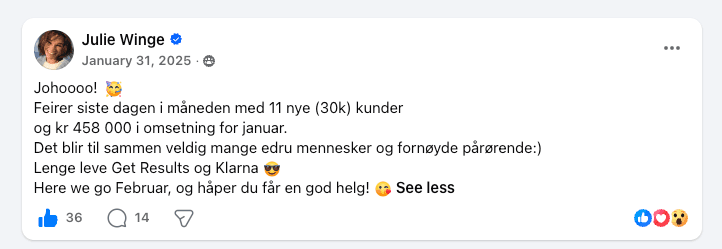 Facebook-innlegg fra Julie Winge