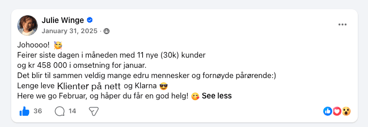 Facebook-innlegg fra Julie Winge