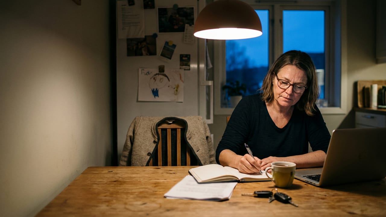 Kvinne ved kjøkkenbordet på kvelden som regner på om egen praksis går rundt, med notatbok, laptop og en bunke regninger