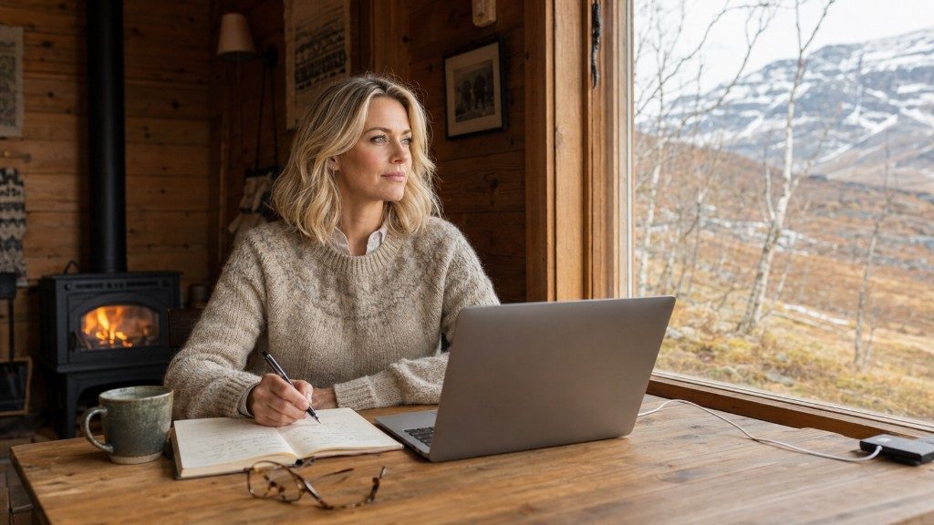Kvinne jobber med laptop og notatbok i en hytte med utsikt mot fjell