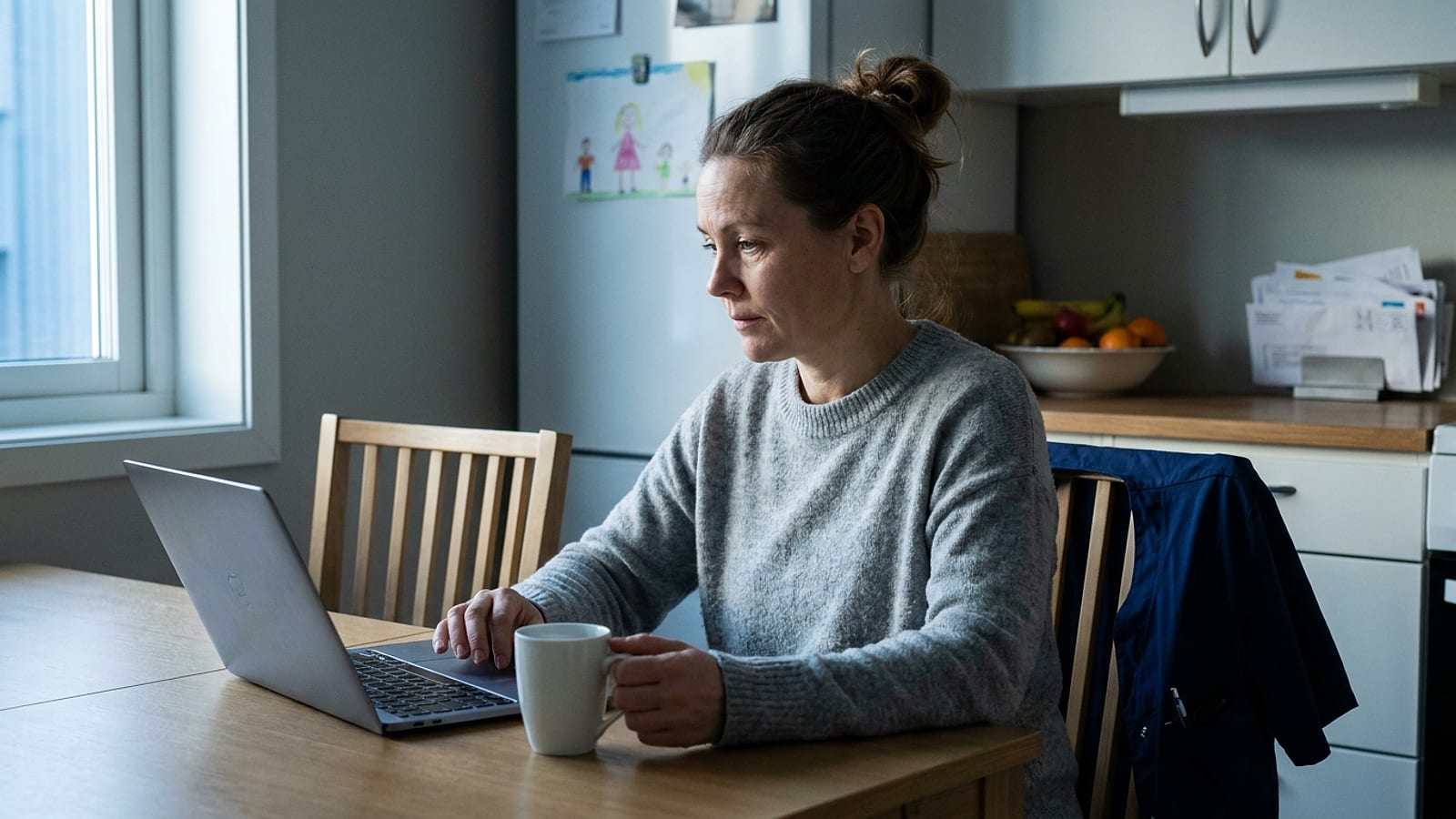 Sykepleier ved kjøkkenbordet en tidlig morgen, med laptop og kaffe, etter siste nattevakt